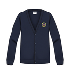 The Evans School navy V-neck cardigan boys and girls Junior Kindergarten through 6th grade optional uniform La Jolla California